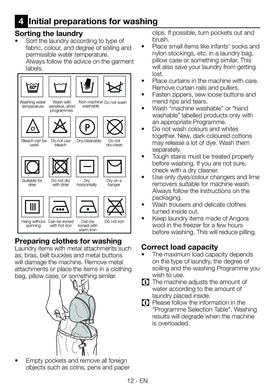 Beko WMB81445L Initial preparations for washing, Sorting the laundry, Preparing clothes for washing, Correct load capacity 