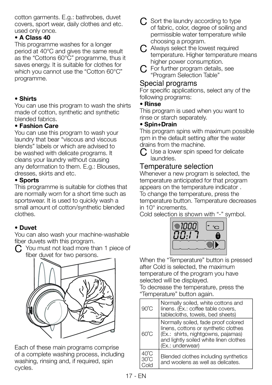 Beko WMB81445L manual Special programs, Temperature selection 