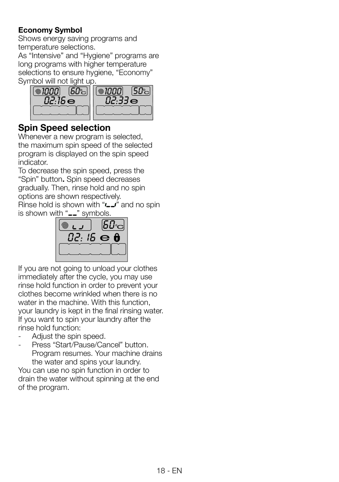 Beko WMB81445L manual Spin Speed selection, Economy Symbol, Shows energy saving programs and temperature selections 