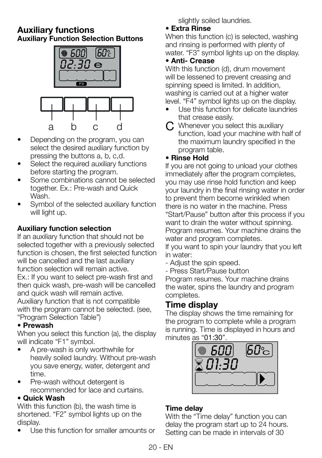 Beko WMB81445L manual Auxiliary functions, Time display 