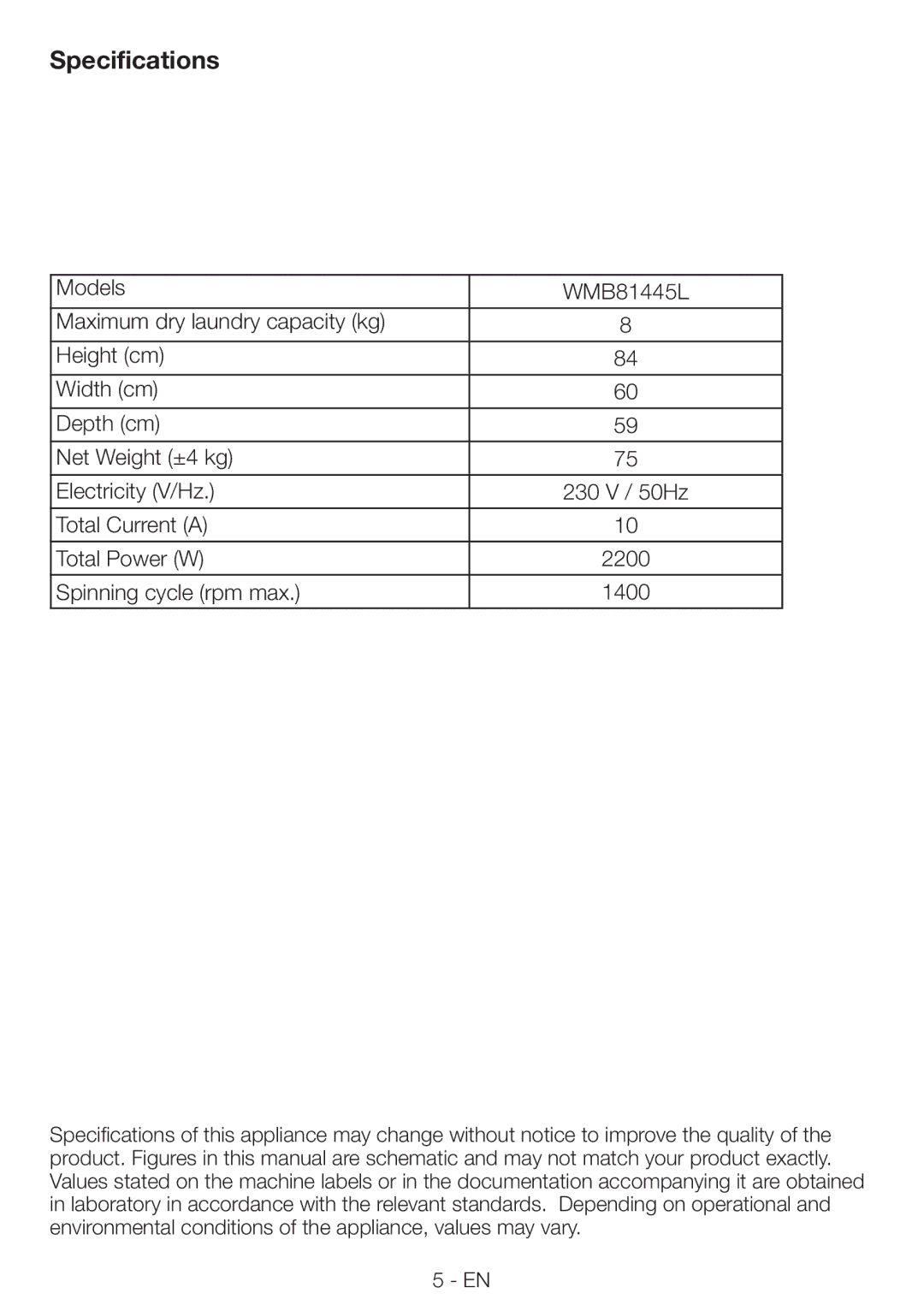 Beko WMB81445L manual Specifications 