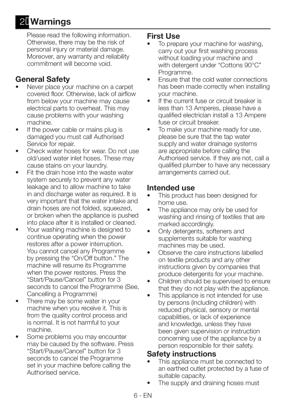 Beko WMB81445L manual General Safety, First Use, Intended use, Safety instructions 