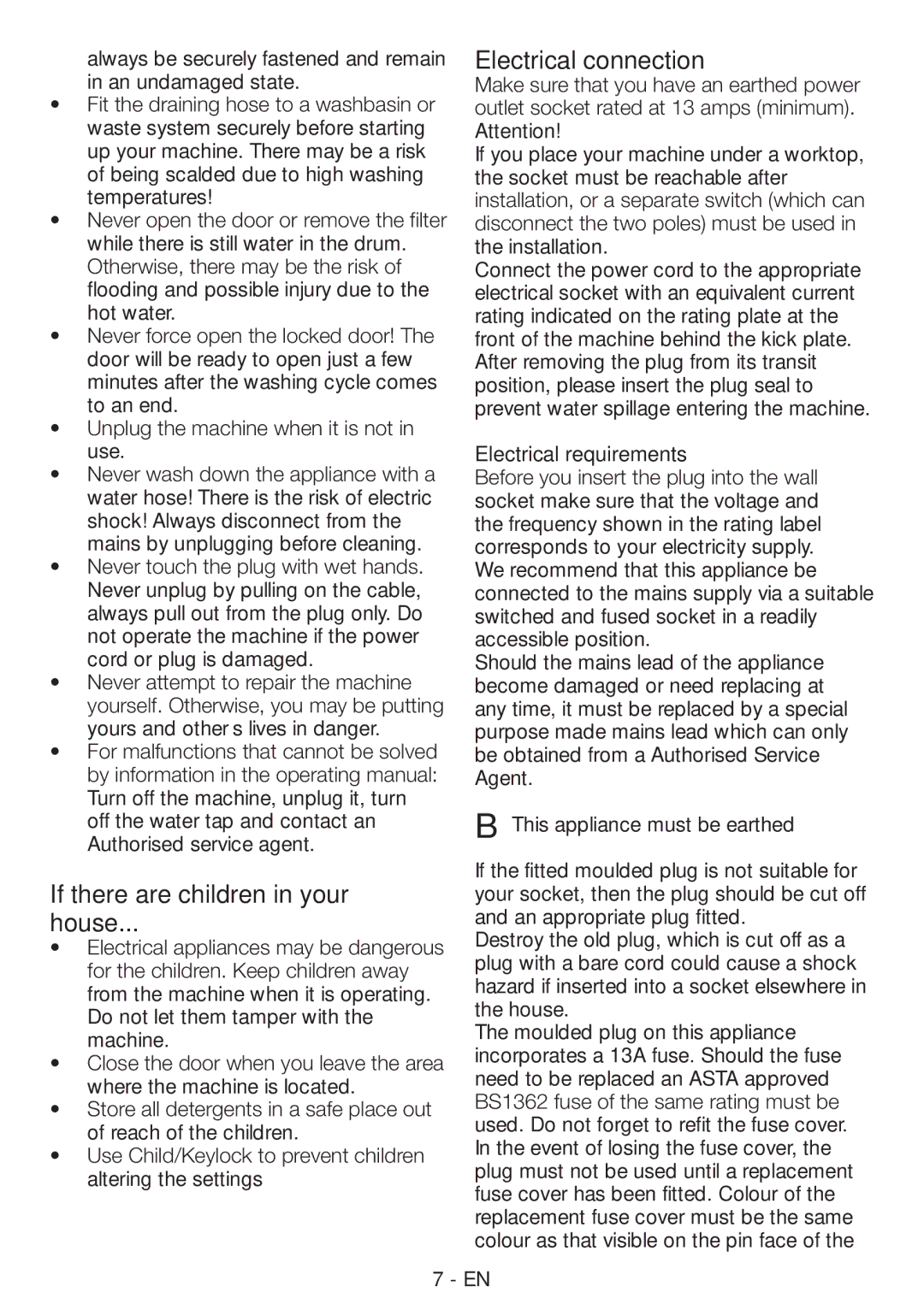 Beko WMB81445L manual If there are children in your House, Electrical connection, Electrical requirements 