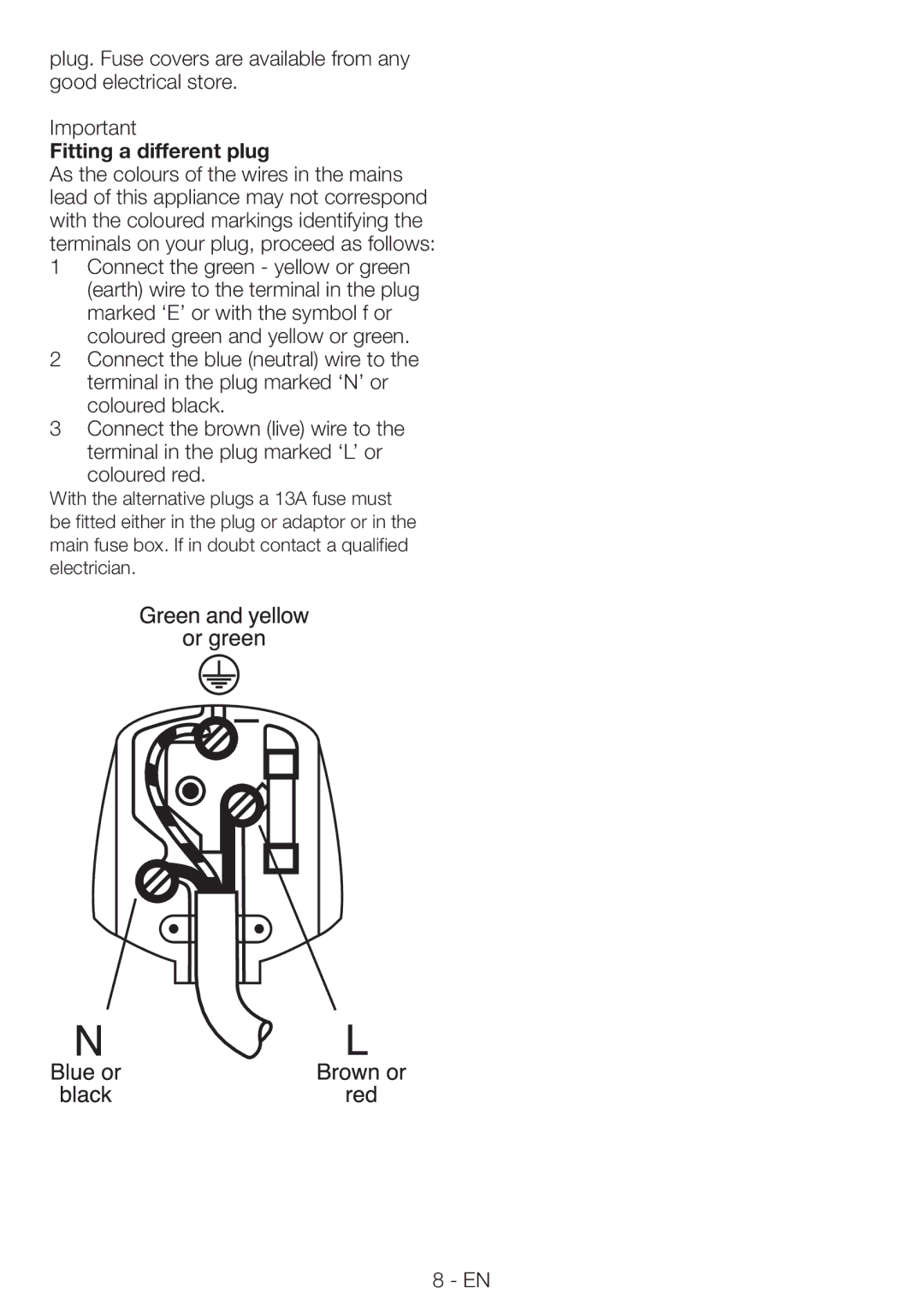 Beko WMB81445L manual Fitting a different plug, Connect the green yellow or green 