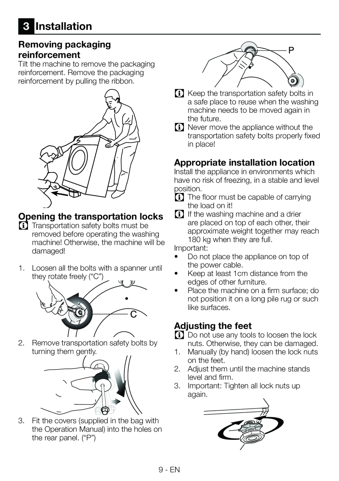 Beko WMB81445L manual Installation, Removing packaging reinforcement, Opening the transportation locks, Adjusting the feet 