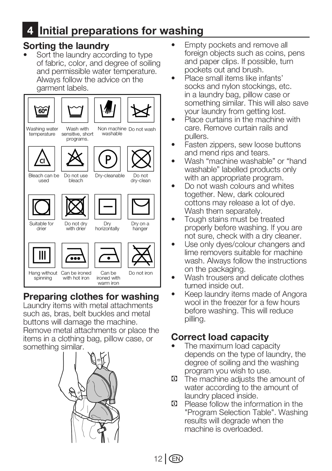 Beko WME 7267 W, WME 7267 S manual Initial preparations for washing, Sorting the laundry, Preparing clothes for washing 