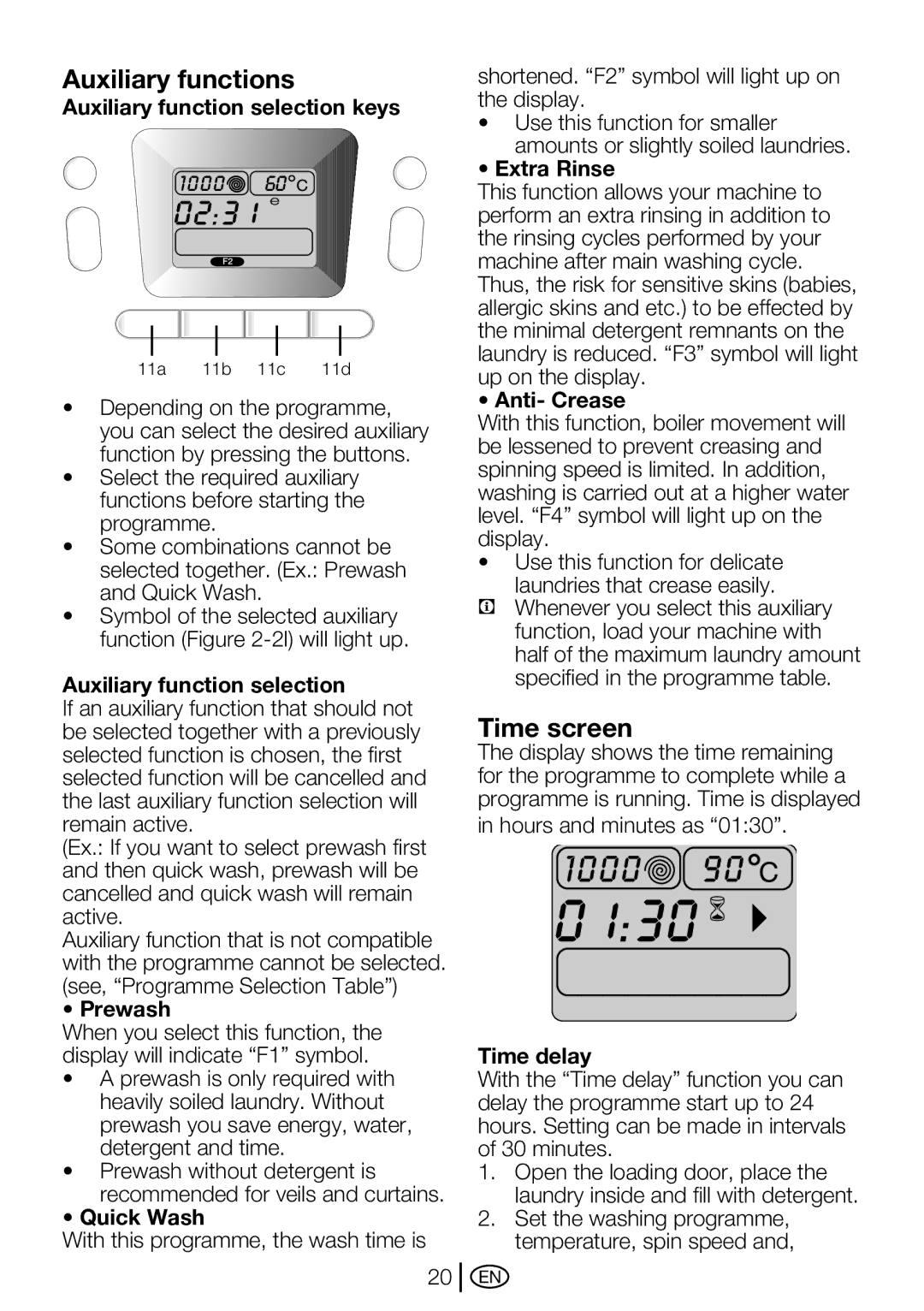 Beko WME 7267 W, WME 7267 S manual Auxiliary functions, Time screen 