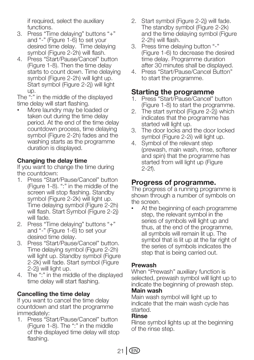 Beko WME 7267 S manual Starting the programme, Progress of programme, Changing the delay time, Cancelling the time delay 