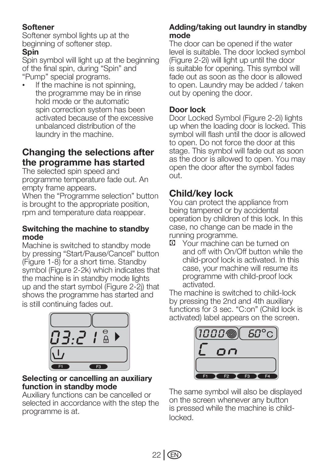 Beko WME 7267 W, WME 7267 S manual Changing the selections after the programme has started, Child/key lock, Spin, Door lock 