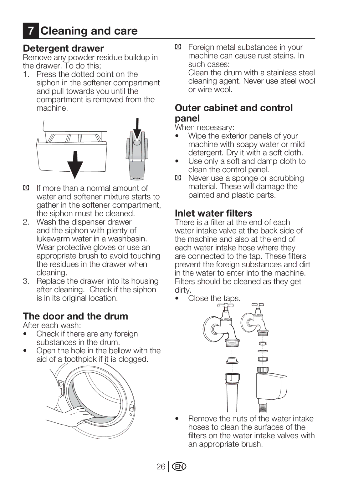 Beko WME 7267 W, WME 7267 S manual Cleaning and care, Detergent drawer, Outer cabinet and control panel, Inlet water filters 