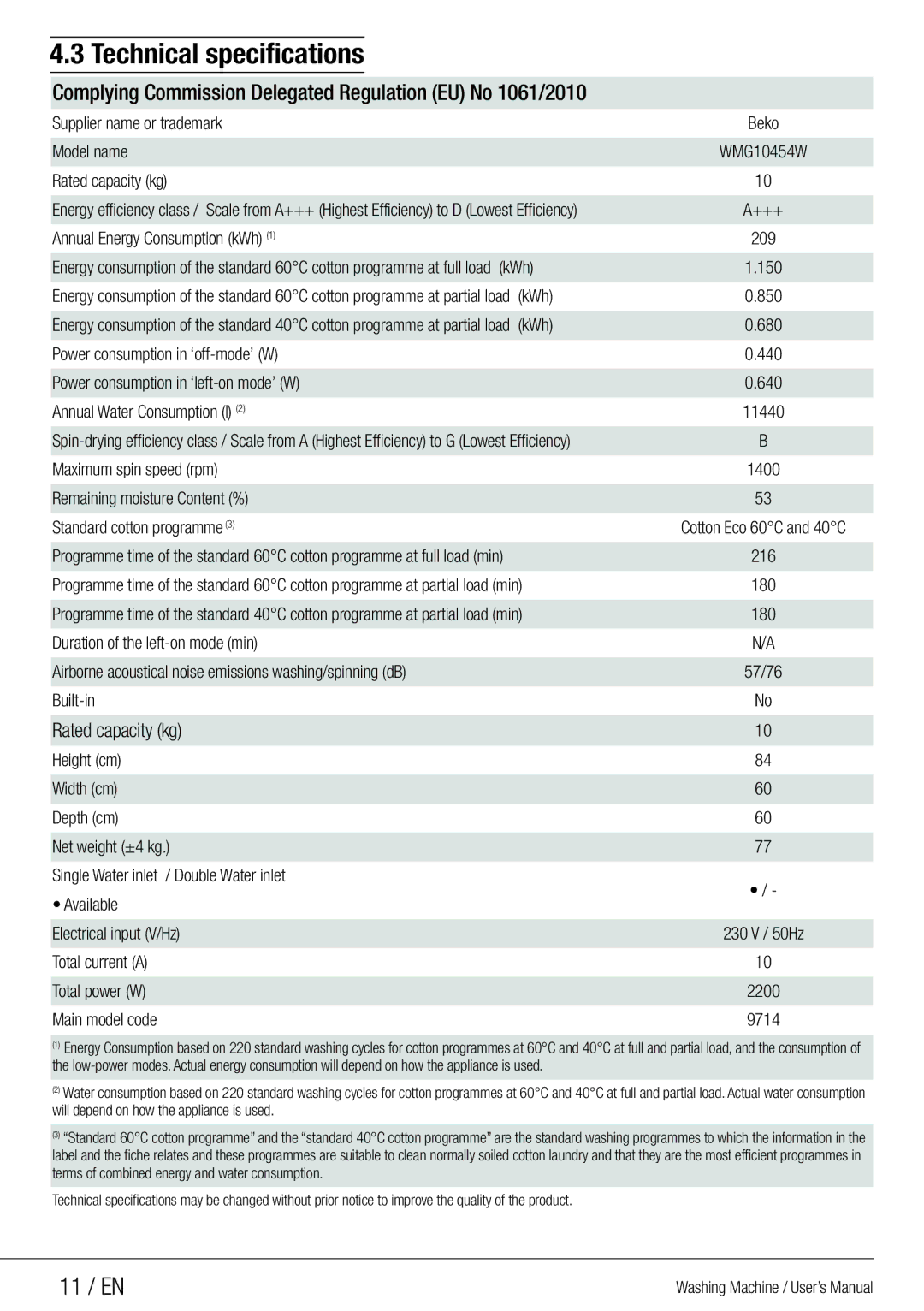 Beko WMG 10454 W user manual Technical specifications, 11 / EN, Rated capacity kg 