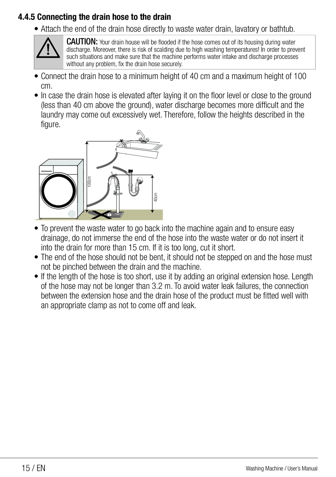 Beko WMG 10454 W Connecting the drain hose to the drain, An appropriate clamp as not to come off and leak 15 / EN 