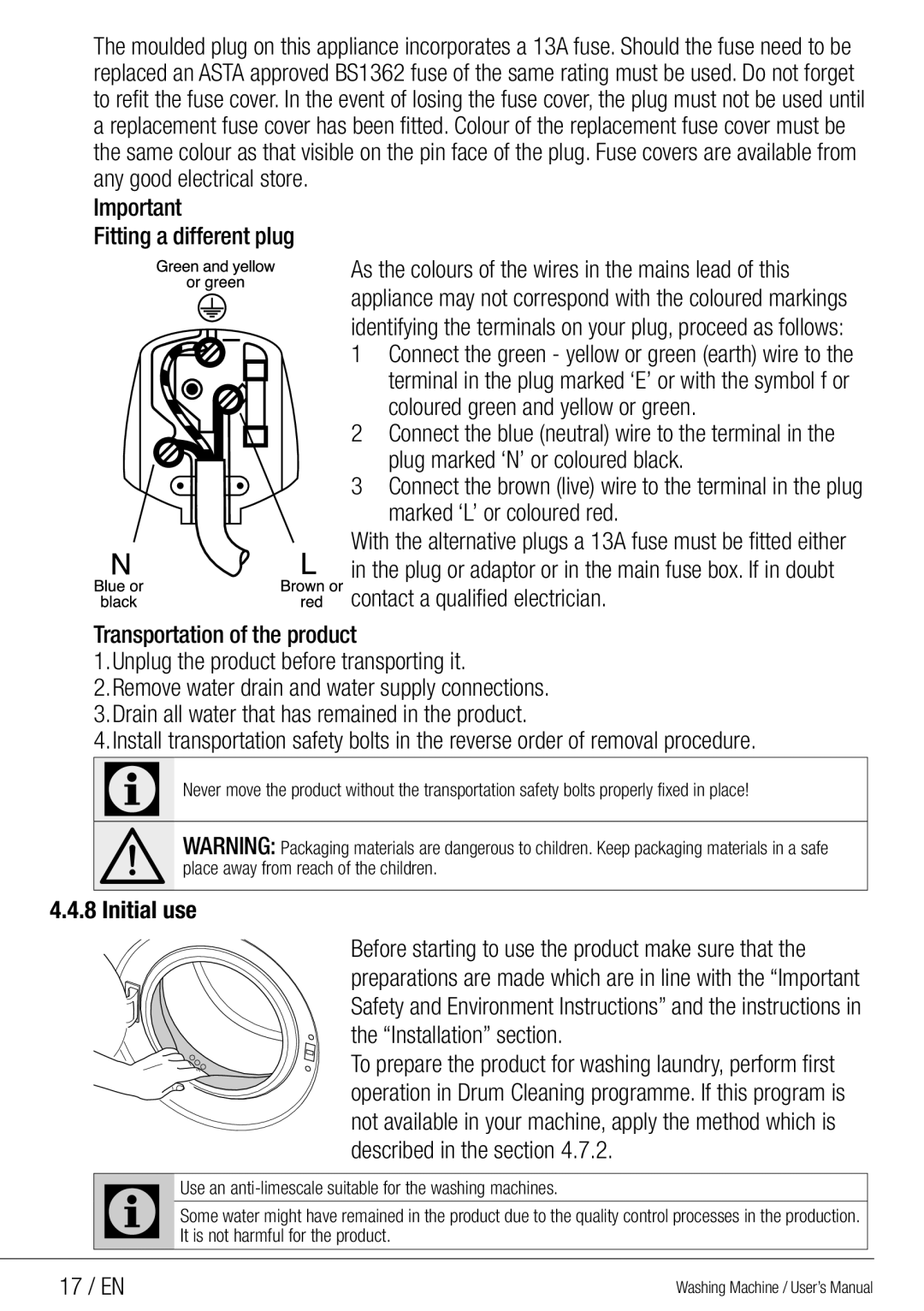 Beko WMG 10454 W user manual Fitting a different plug, 17 / EN 