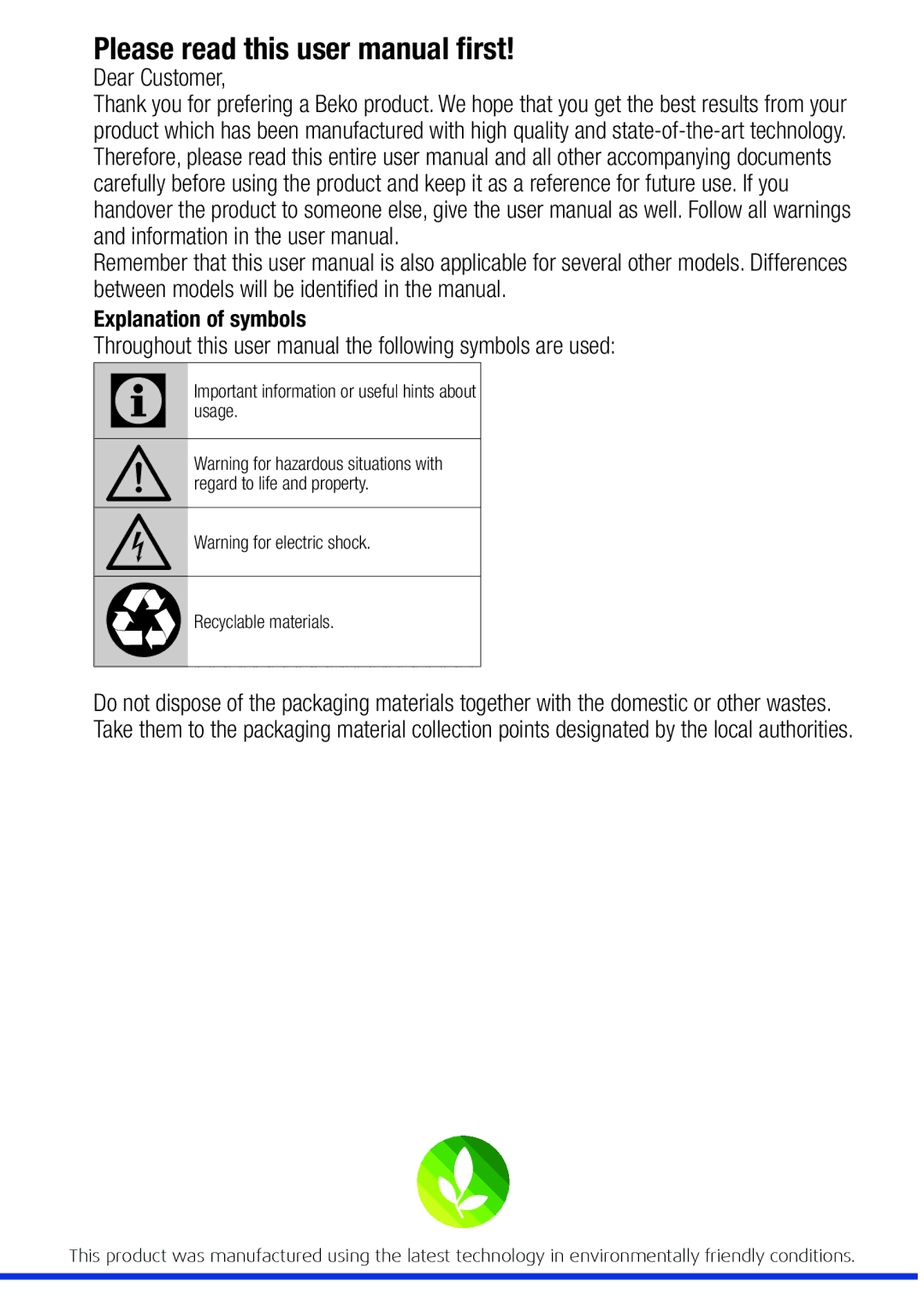 Beko WMG 10454 W user manual Dear Customer, Explanation of symbols 