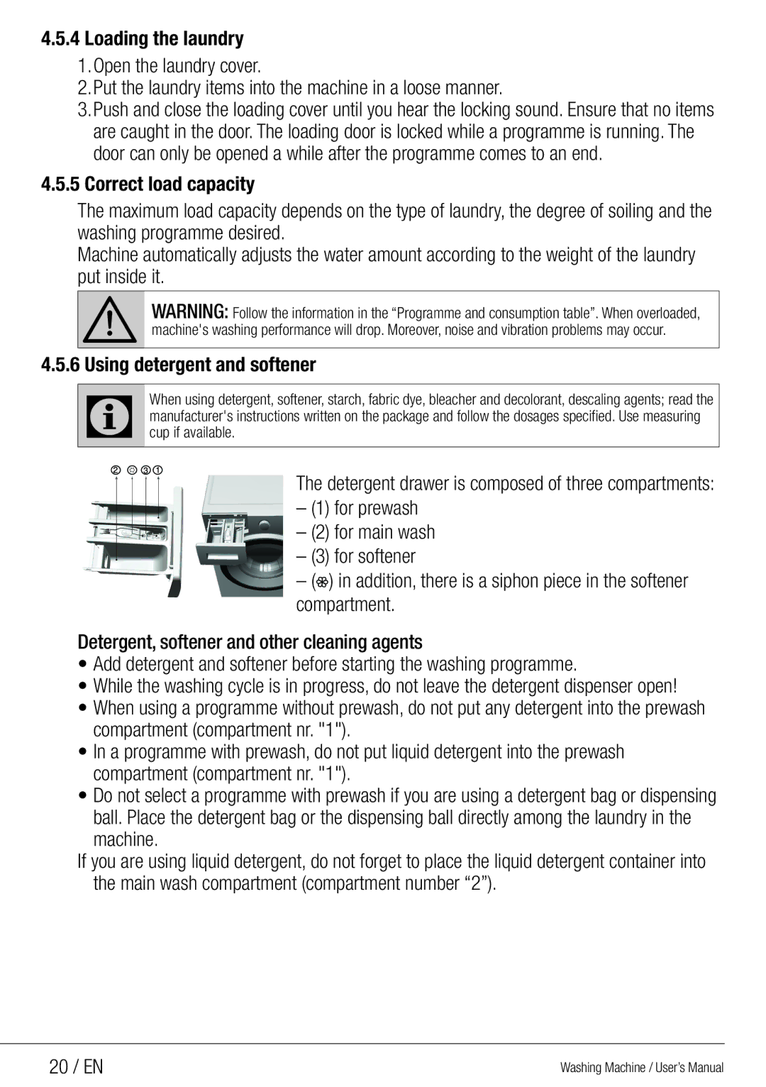 Beko WMG 10454 W user manual Using detergent and softener, 20 / EN 