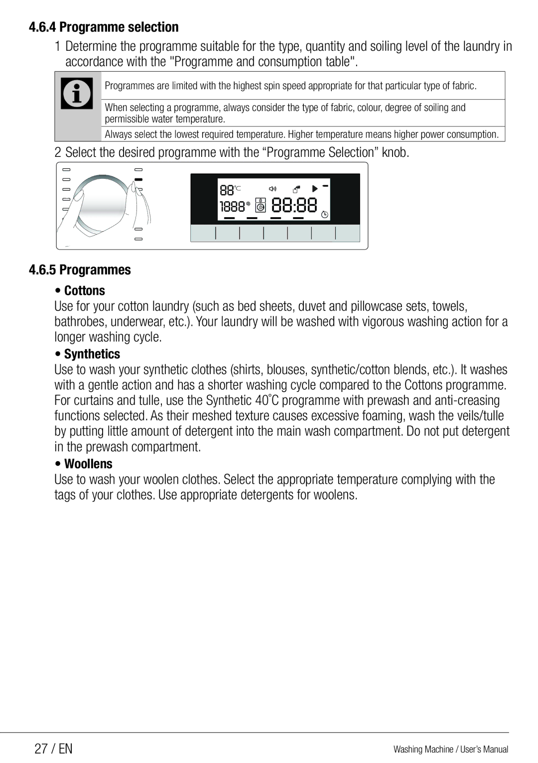 Beko WMG 10454 W user manual Programme selection, Programmes, 27 / EN 