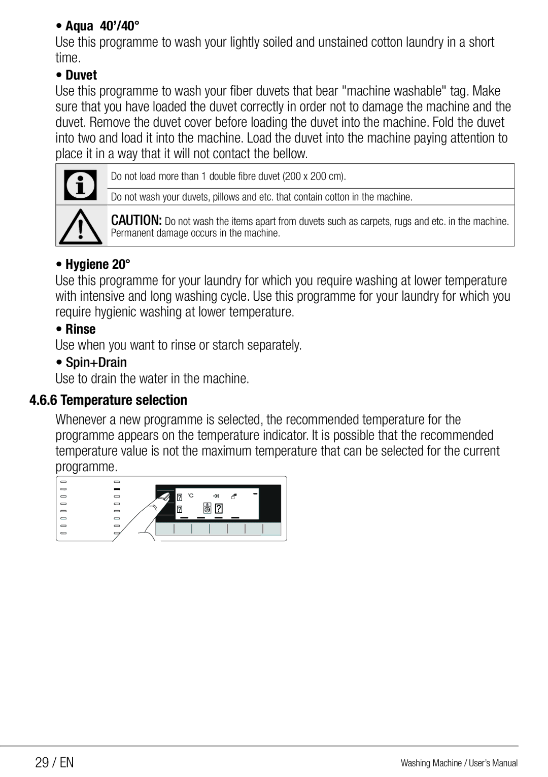 Beko WMG 10454 W user manual Use when you want to rinse or starch separately, 29 / EN 