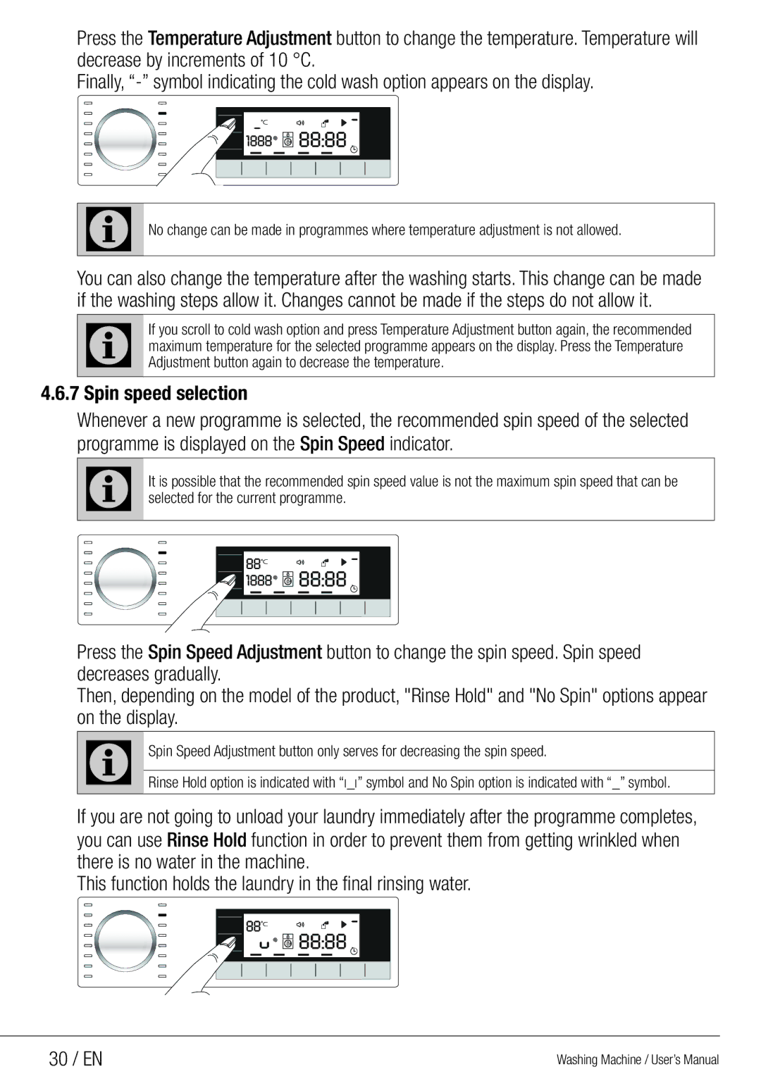 Beko WMG 10454 W user manual Spin speed selection, Programme is displayed on the Spin Speed indicator, 30 / EN 