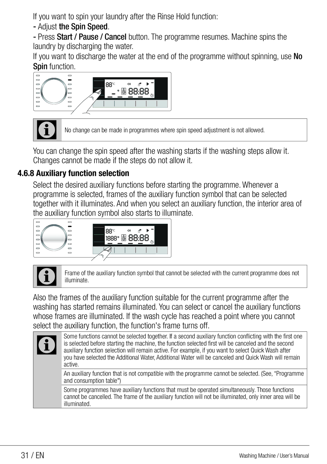 Beko WMG 10454 W user manual Auxiliary function selection, 31 / EN 