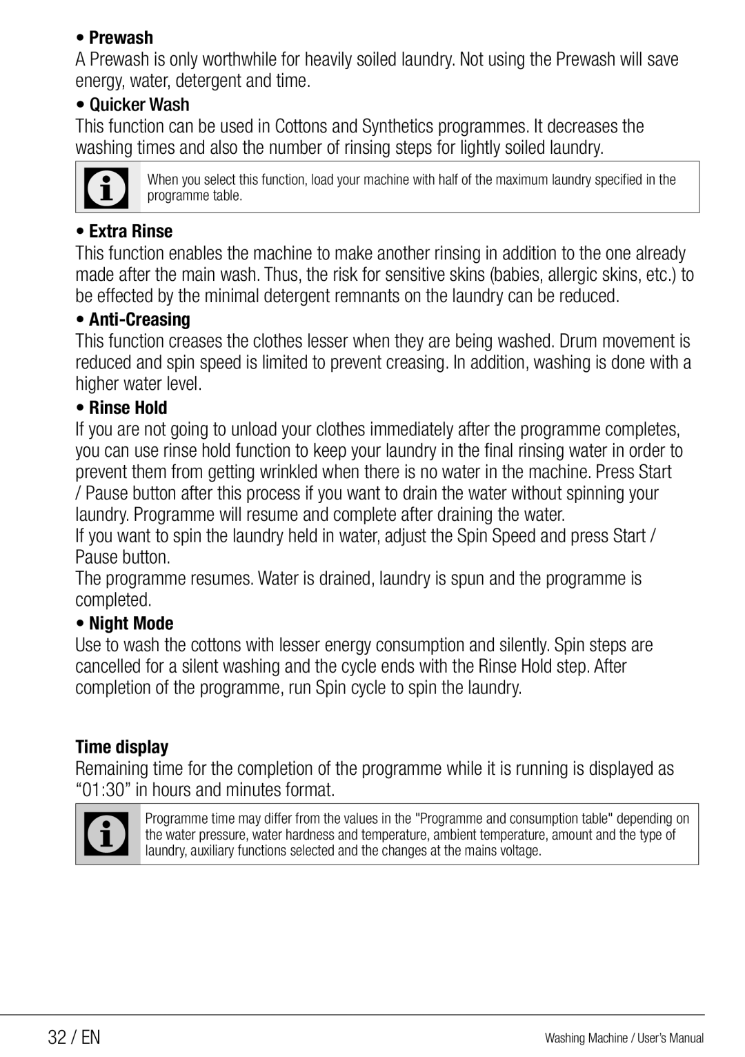 Beko WMG 10454 W user manual Prewash, Quicker Wash, Extra Rinse, Anti-Creasing, Rinse Hold, Night Mode, Time display 