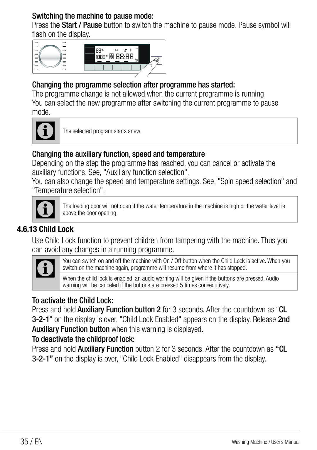 Beko WMG 10454 W user manual To deactivate the childproof lock, 35 / EN 