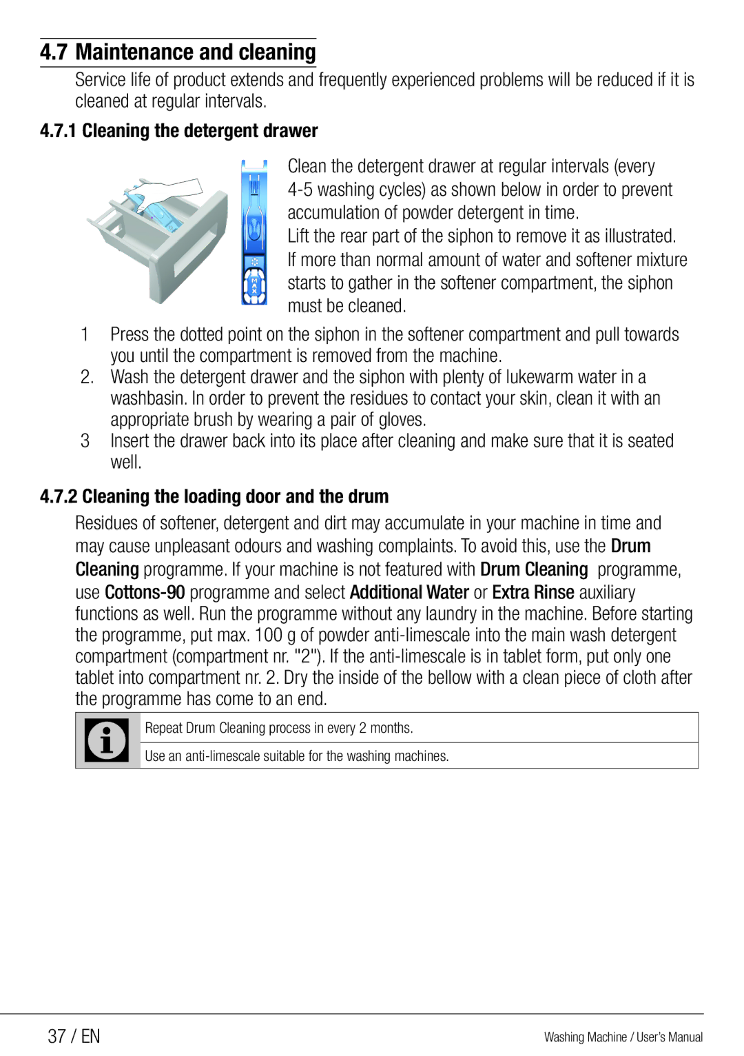 Beko WMG 10454 W user manual Maintenance and cleaning, 37 / EN 