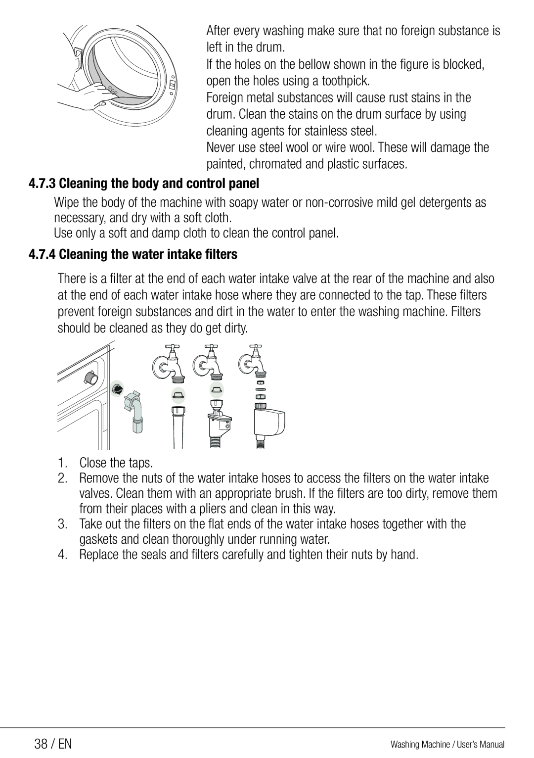 Beko WMG 10454 W user manual Close the taps 