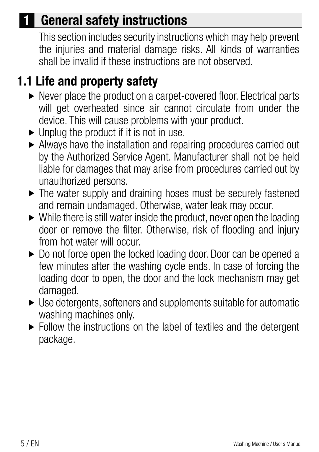 Beko WMG 10454 W user manual General safety instructions 