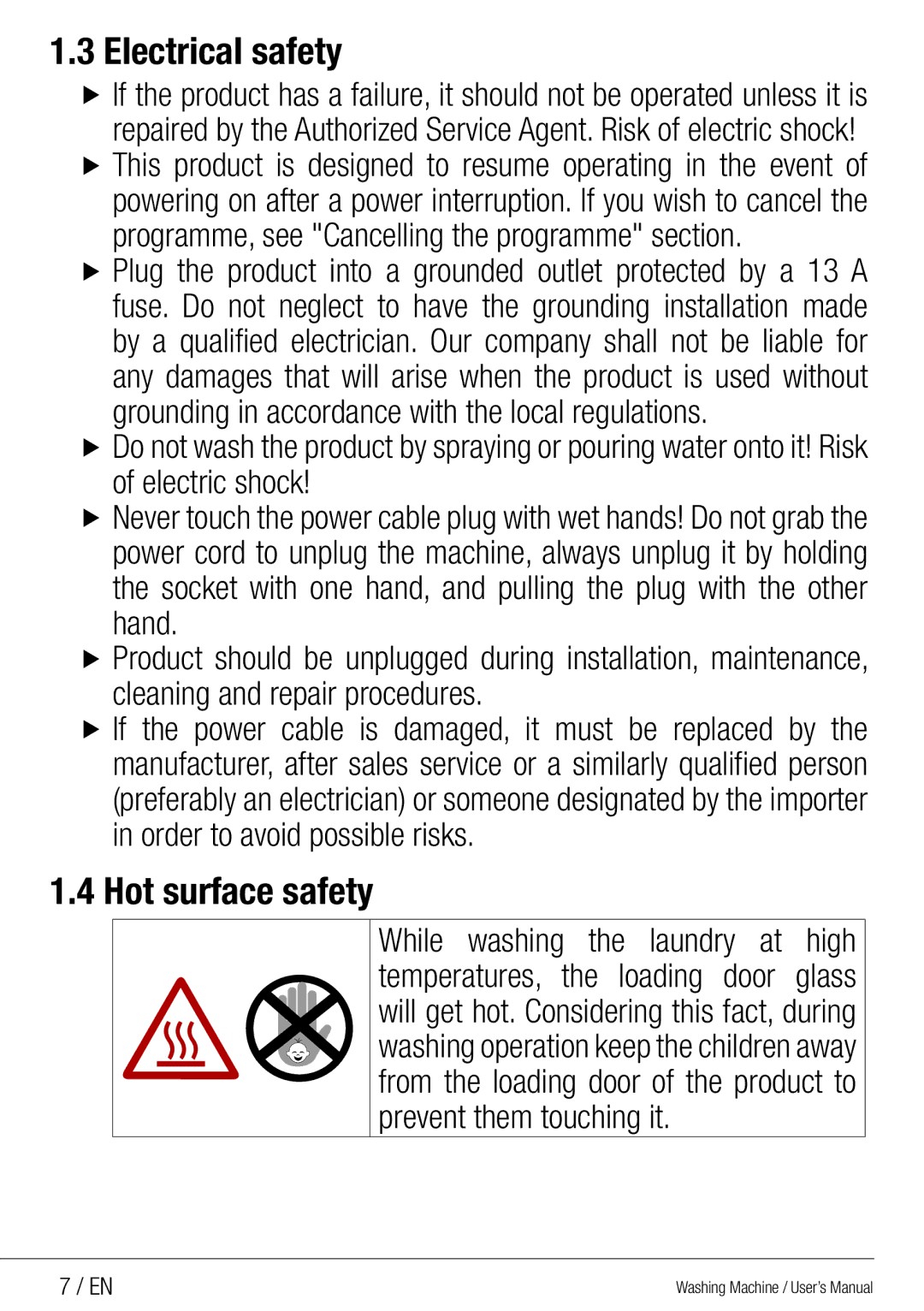 Beko WMG 10454 W user manual Electrical safety 