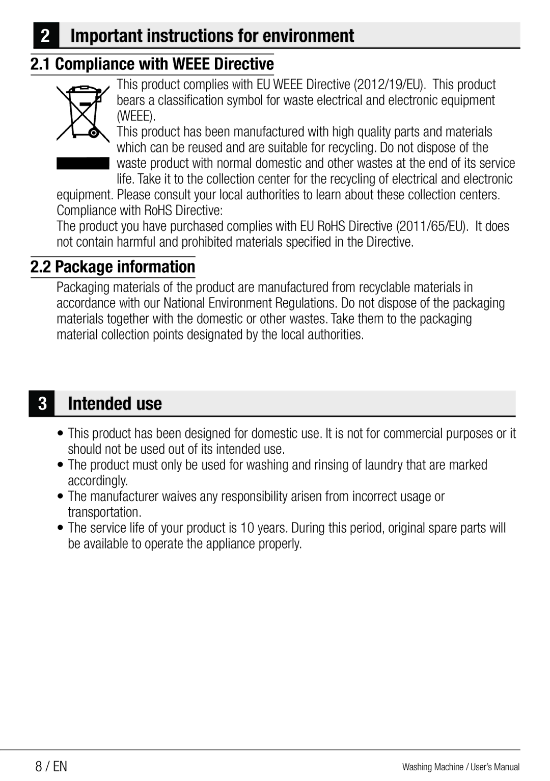 Beko WMG 10454 W user manual Compliance with Weee Directive, Package information 