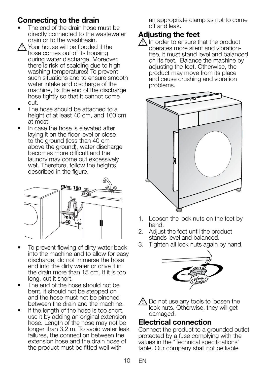 Beko WMP652W manual Connecting to the drain, Adjusting the feet, Electrical connection 