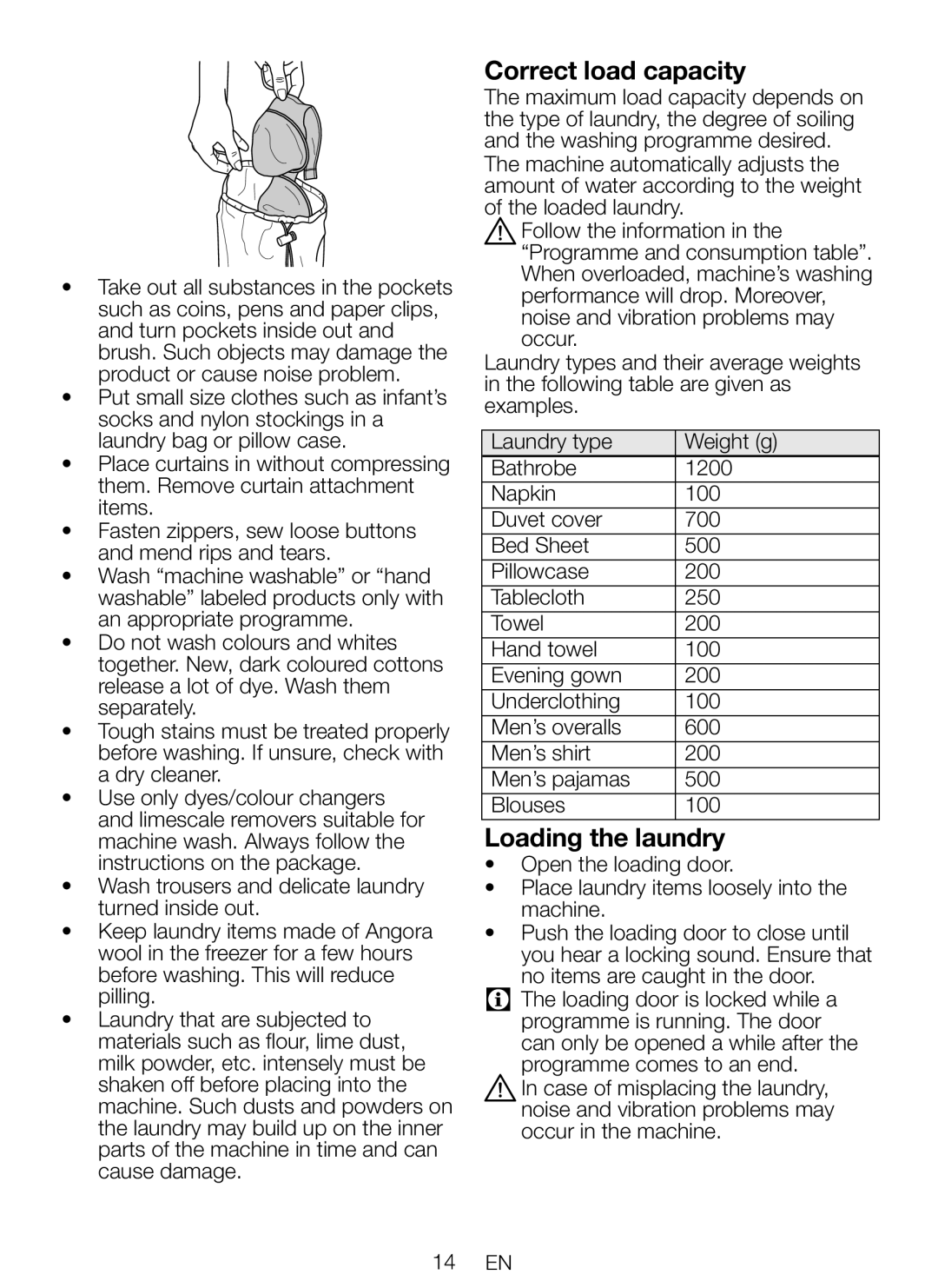 Beko WMP652W manual Correct load capacity, Loading the laundry 