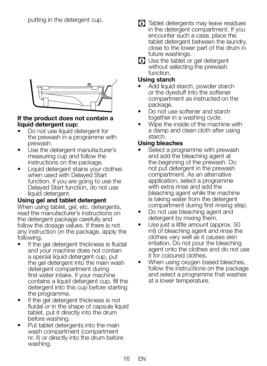 Beko WMP652W manual If the product does not contain a liquid detergent cup, Using gel and tablet detergent, Using starch 