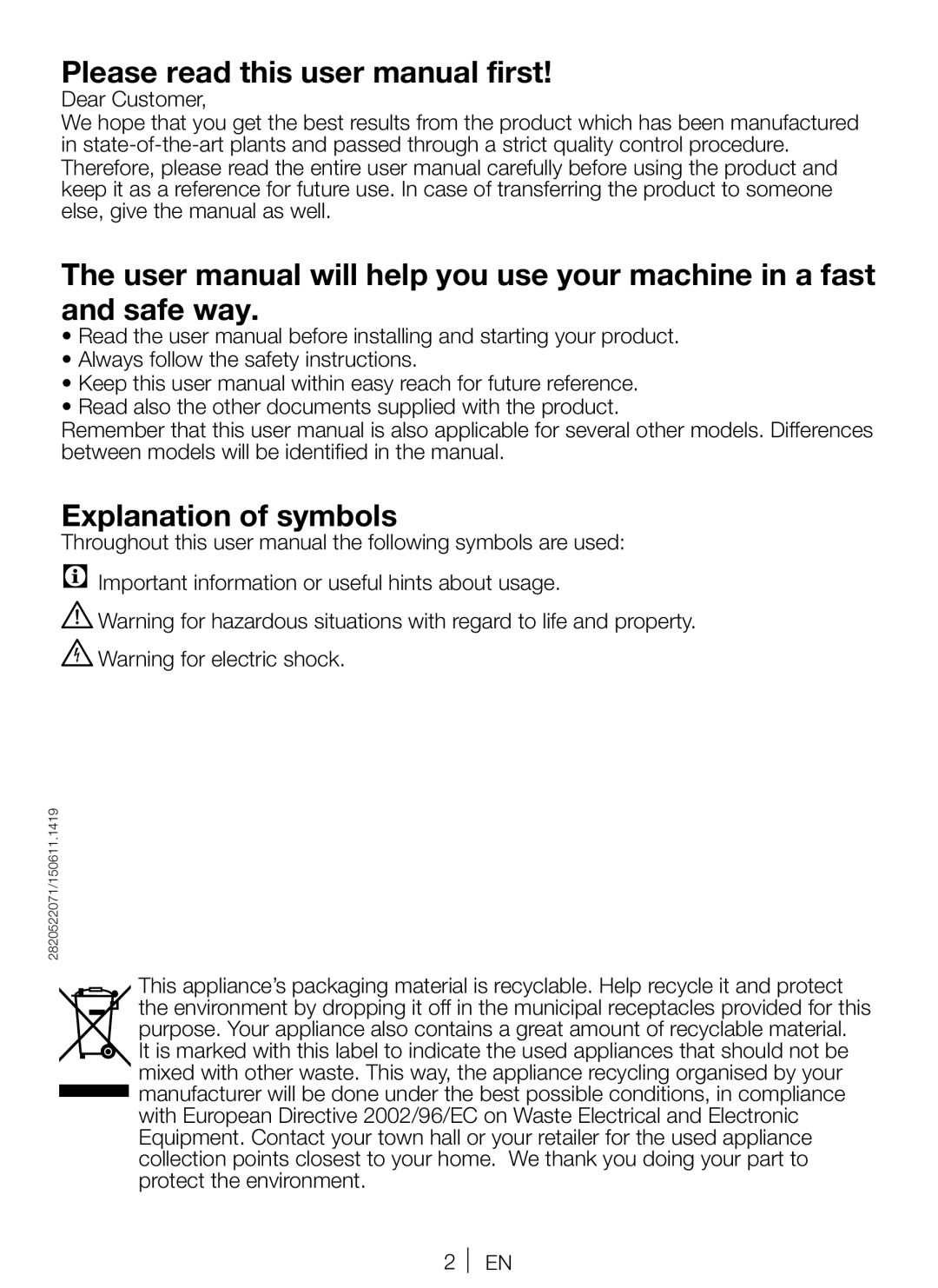 Beko WMP652W manual Explanation of symbols 