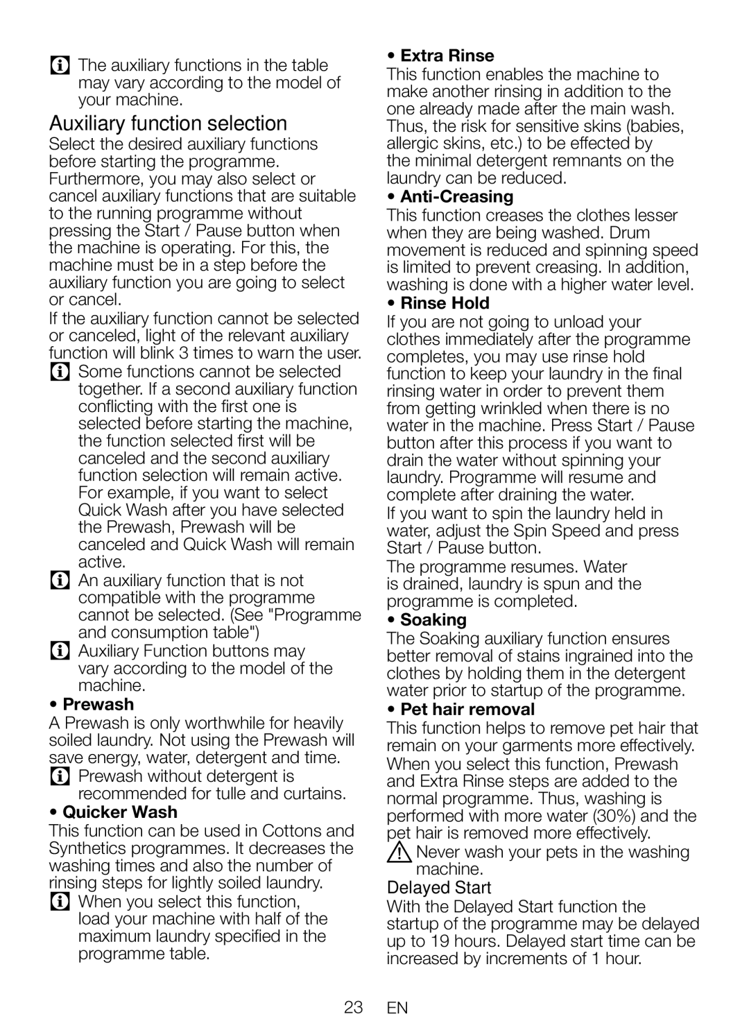 Beko WMP652W manual Auxiliary function selection 