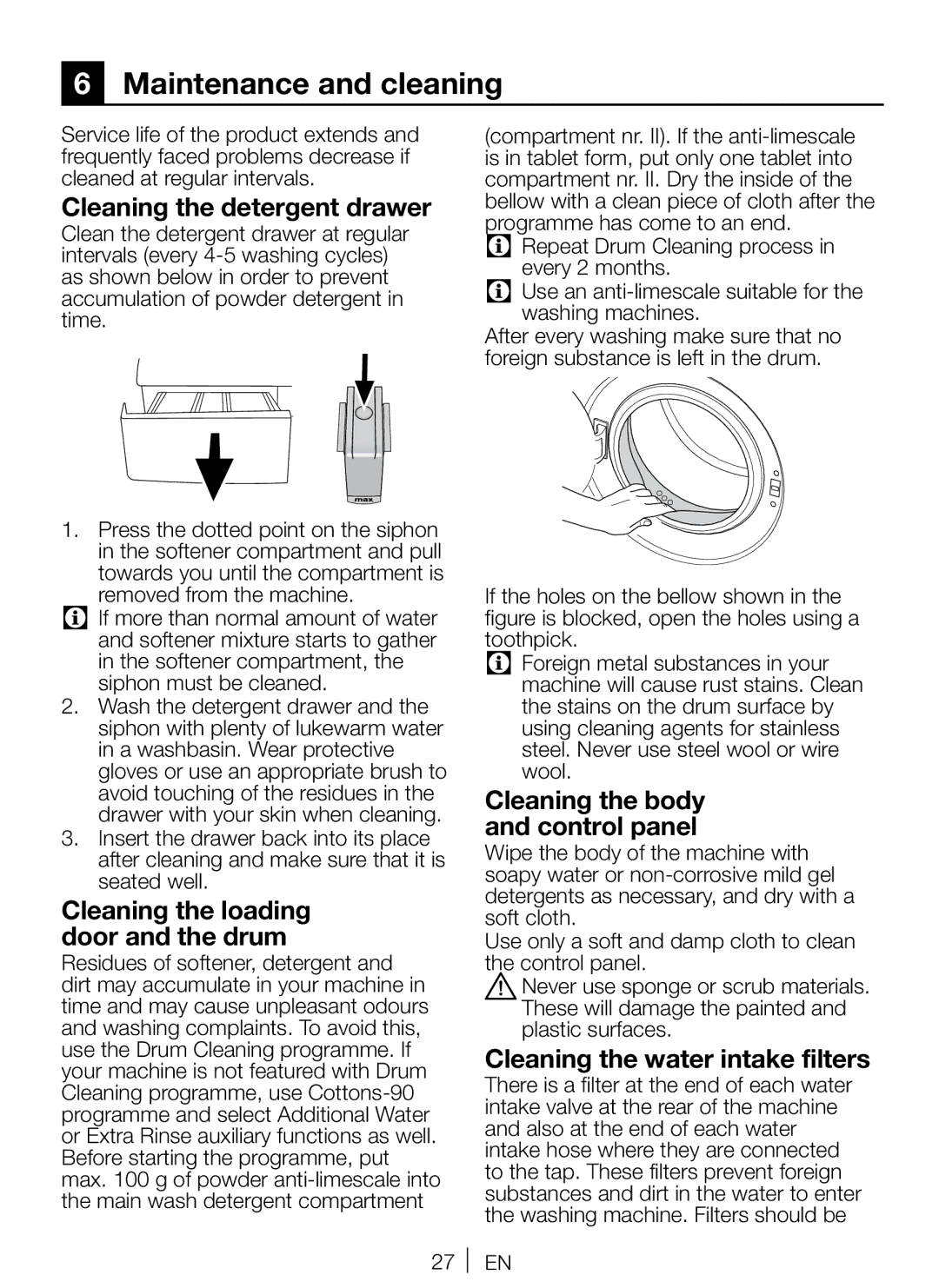 Beko WMP652W manual Maintenance and cleaning, Cleaning the detergent drawer, Cleaning the loading door and the drum 