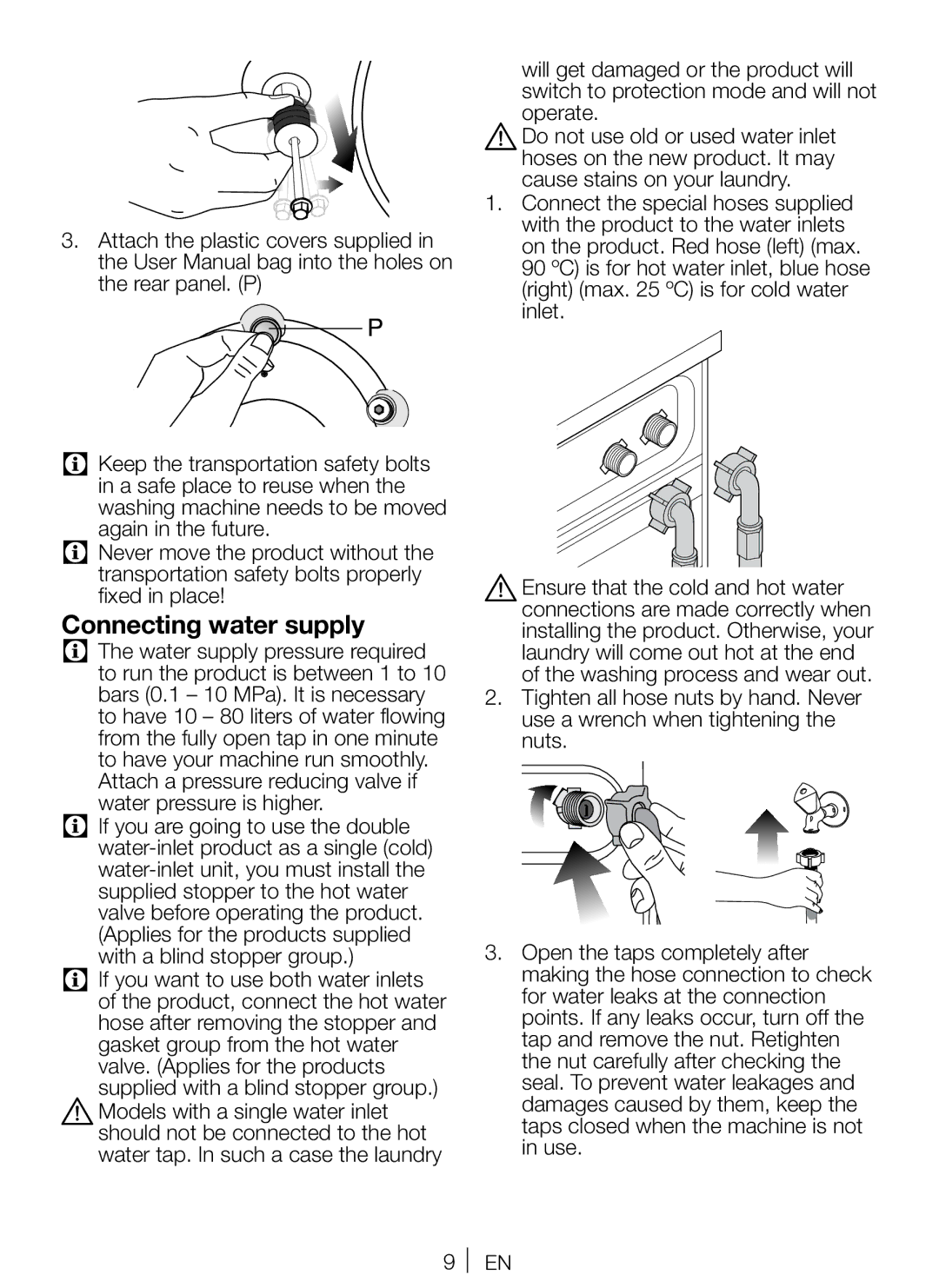 Beko WMP652W manual Connecting water supply 