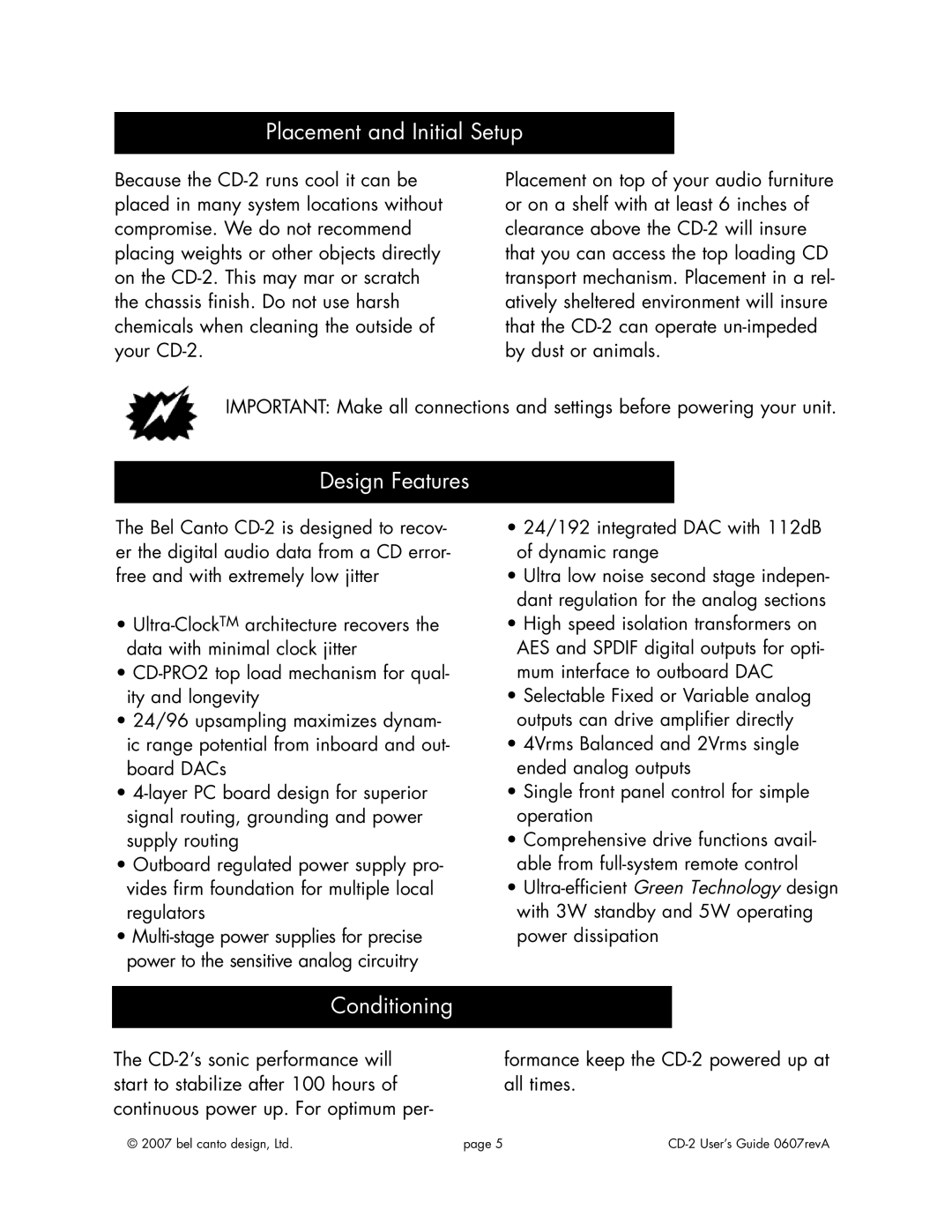 Bel Canto Design CD-2 manual Placement and Initial Setup, Design Features, Conditioning 