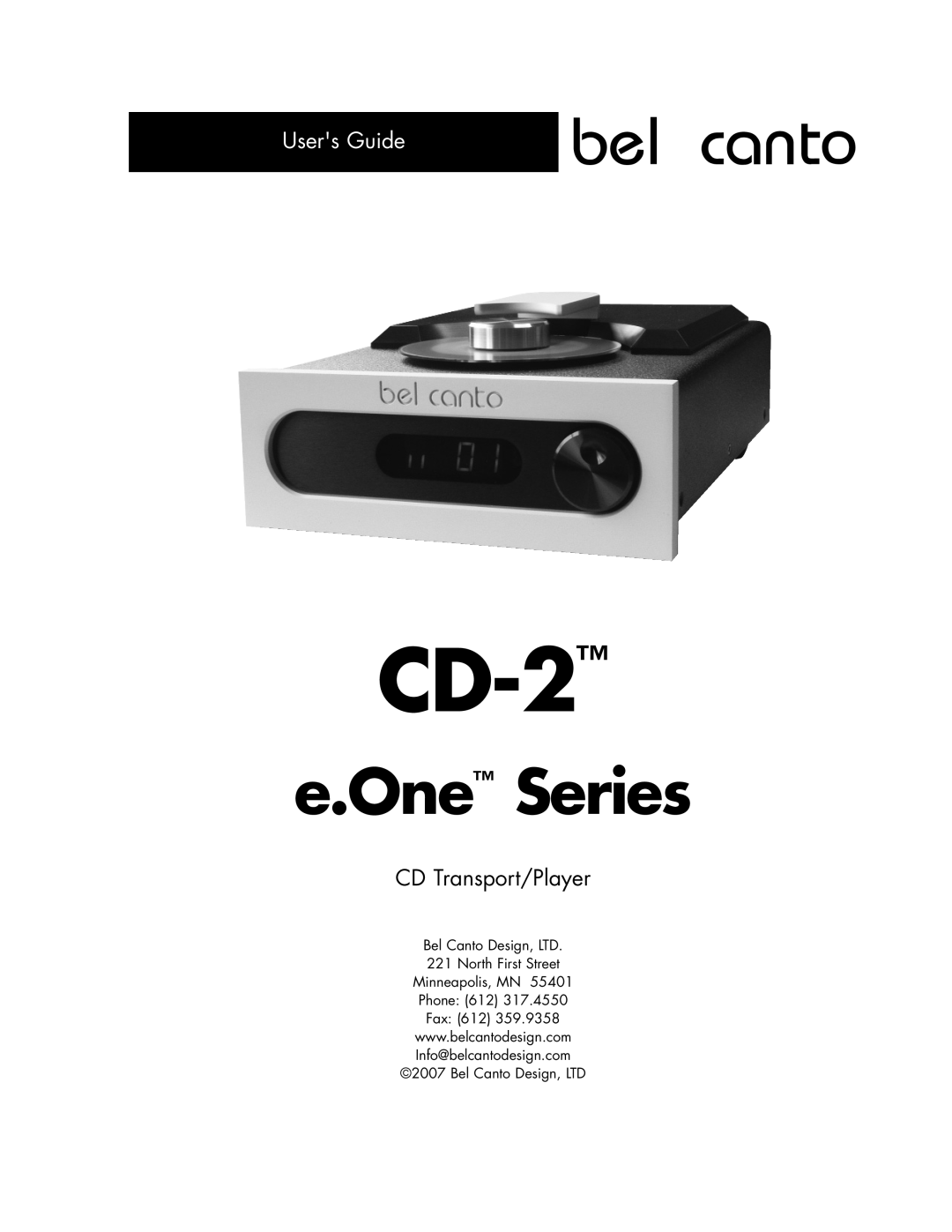 Bel Canto Design CD-2 manual e.One Series, Users Guide, bel canto, CD Transport/Player 