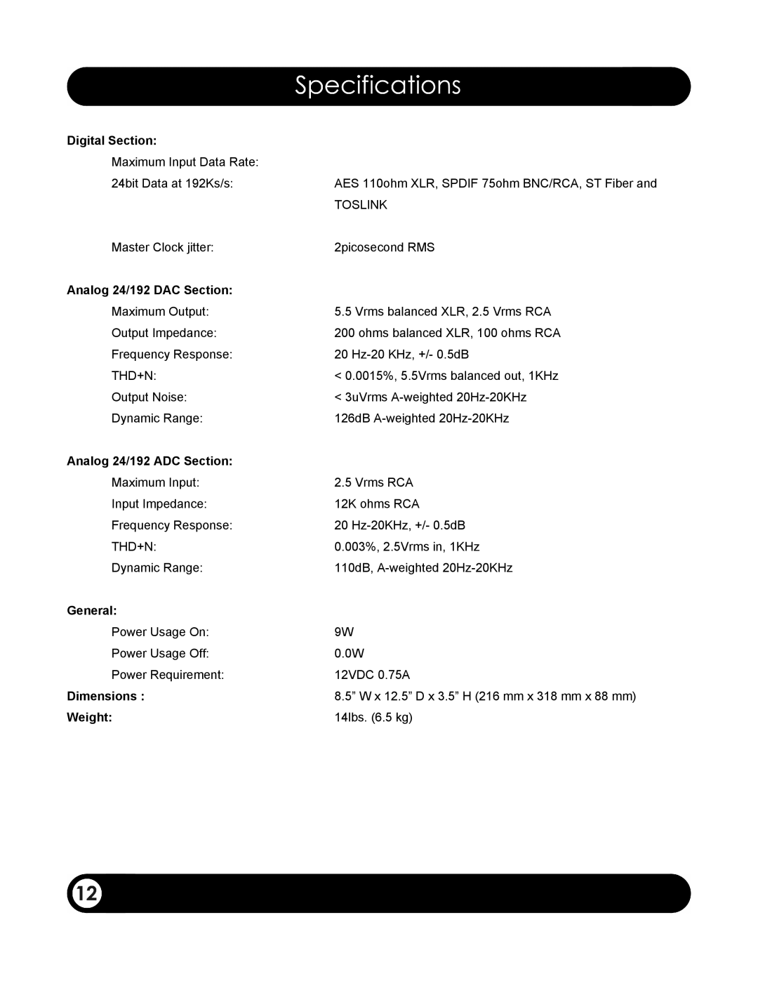 Bel Canto Design DAC3.5VB manual Digital Section, Analog 24/192 DAC Section, Analog 24/192 ADC Section, General, Dimensions 