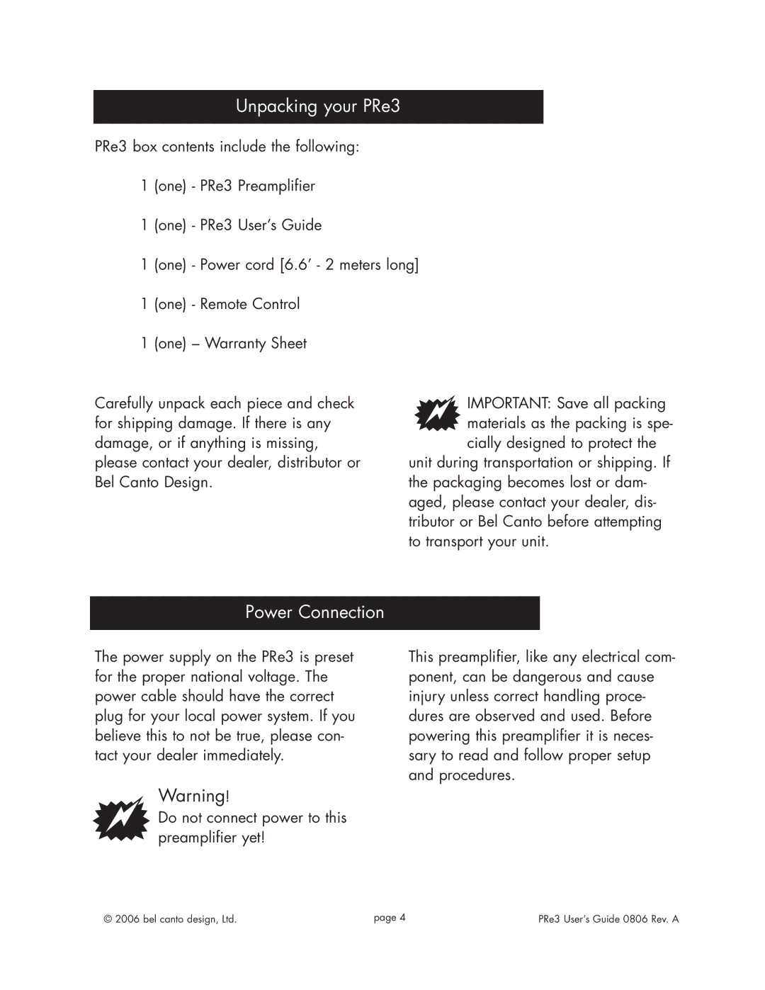 Bel Canto Design e.OneTM Series manual Unpacking your PRe3, Power Connection 