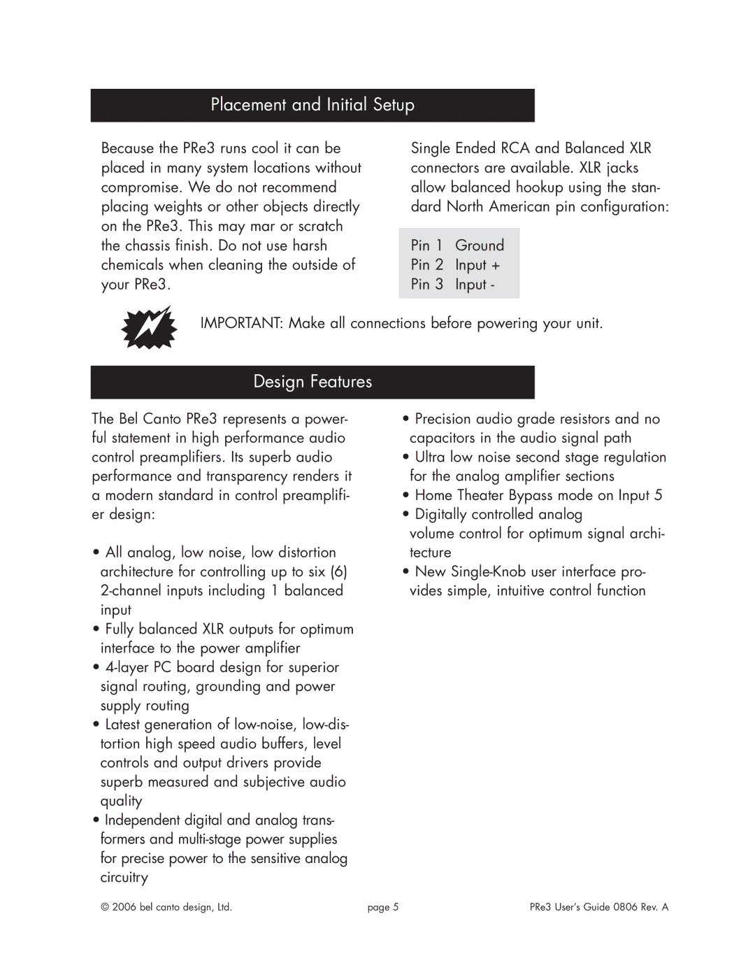 Bel Canto Design e.OneTM Series manual Placement and Initial Setup, Design Features 