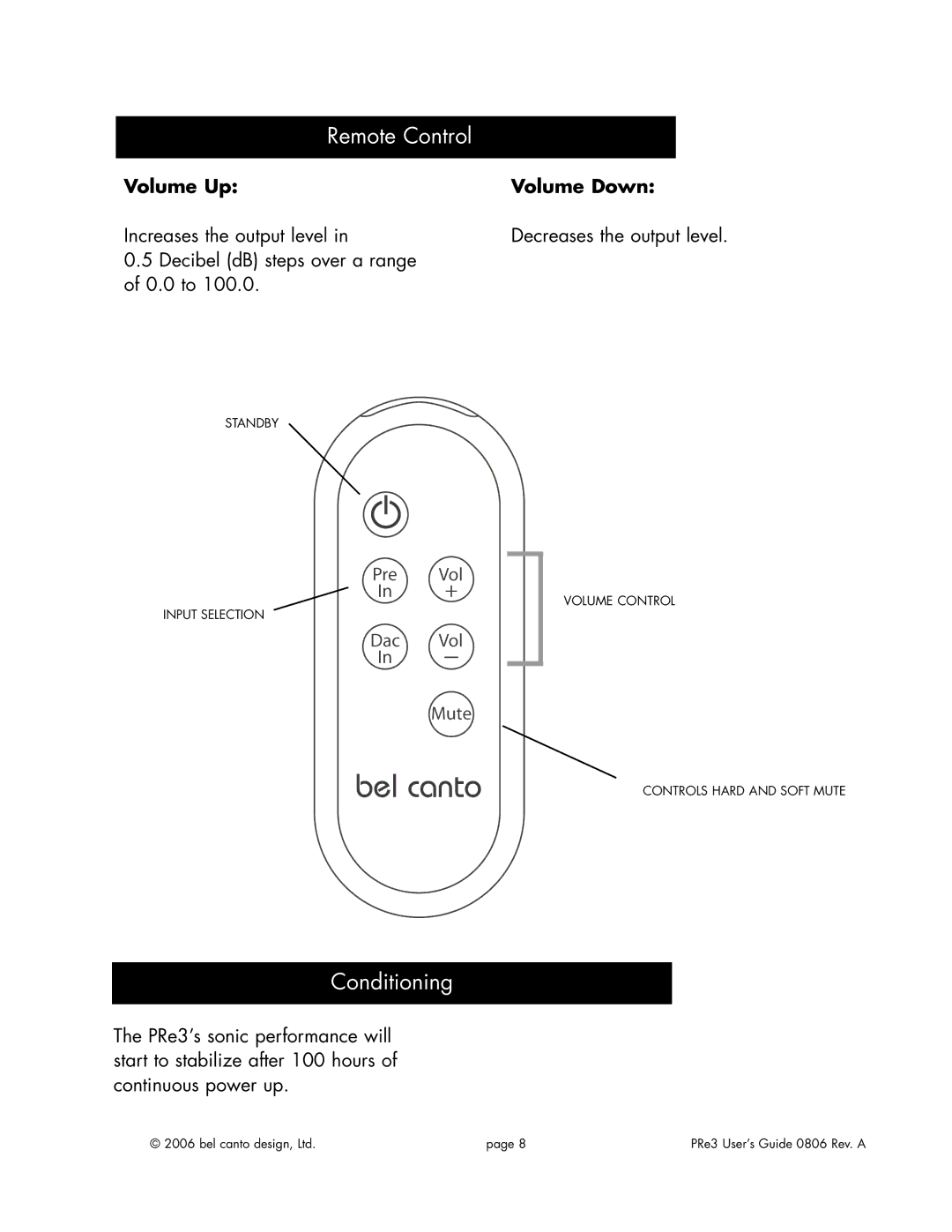 Bel Canto Design e.OneTM Series manual Remote Control, Conditioning, Volume Up Volume Down 