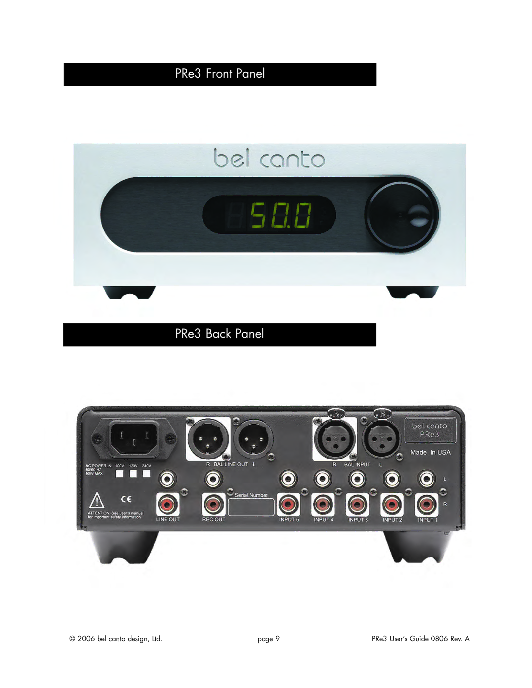 Bel Canto Design e.OneTM Series manual PRe3 Front Panel PRe3 Back Panel 