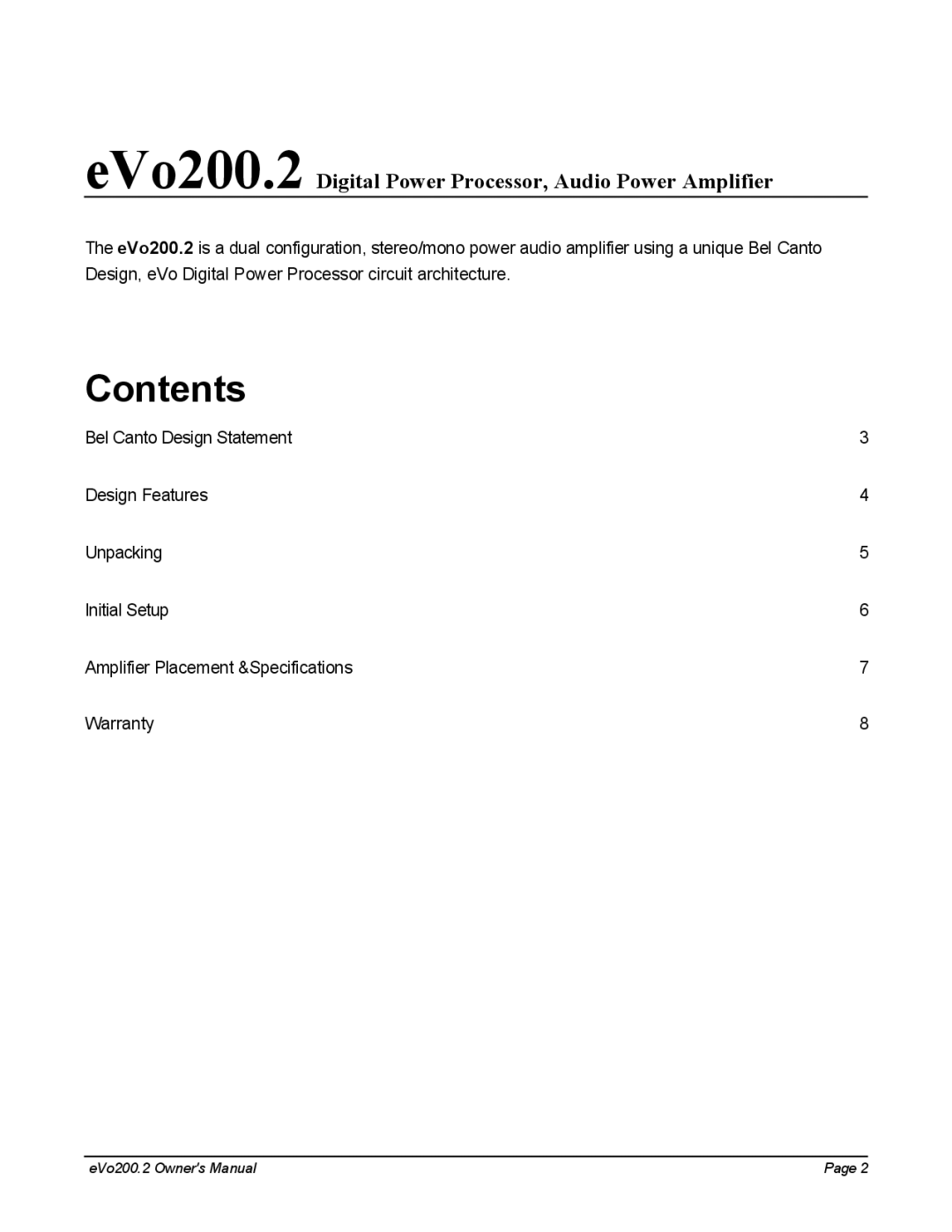 Bel Canto Design eVo200.2 manual Contents 