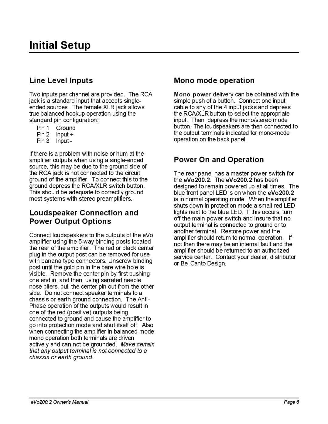 Bel Canto Design eVo200.2 manual Initial Setup, Line Level Inputs, Loudspeaker Connection and Power Output Options 