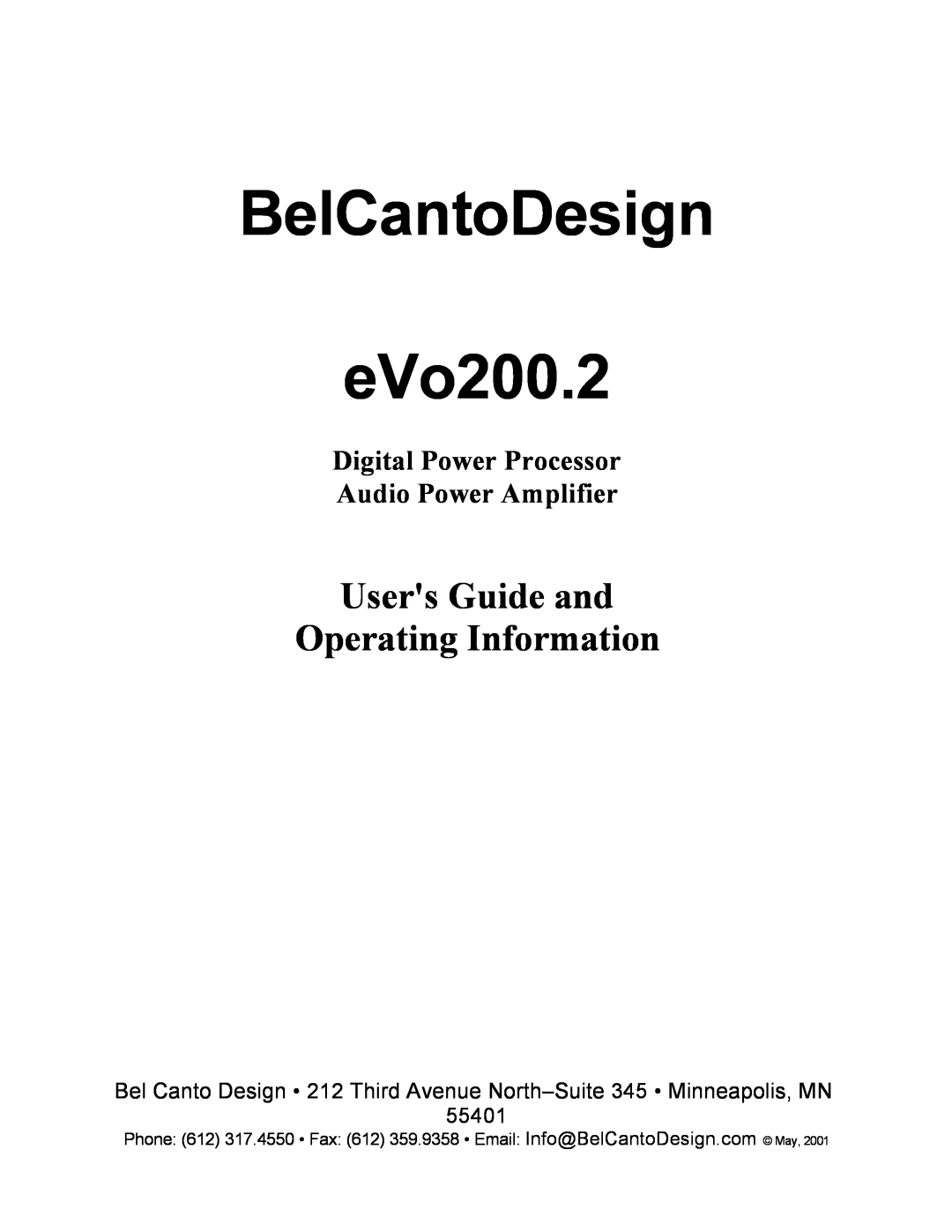 Bel Canto Design manual 55401, BelCantoDesign eVo200.2, Users Guide and Operating Information 