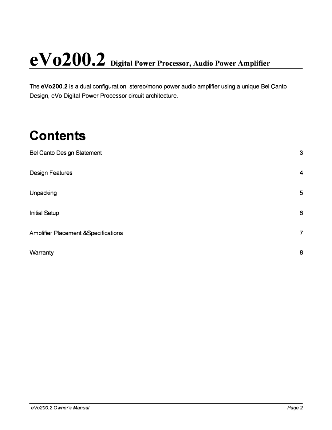 Bel Canto Design eVo200.2 manual Contents 