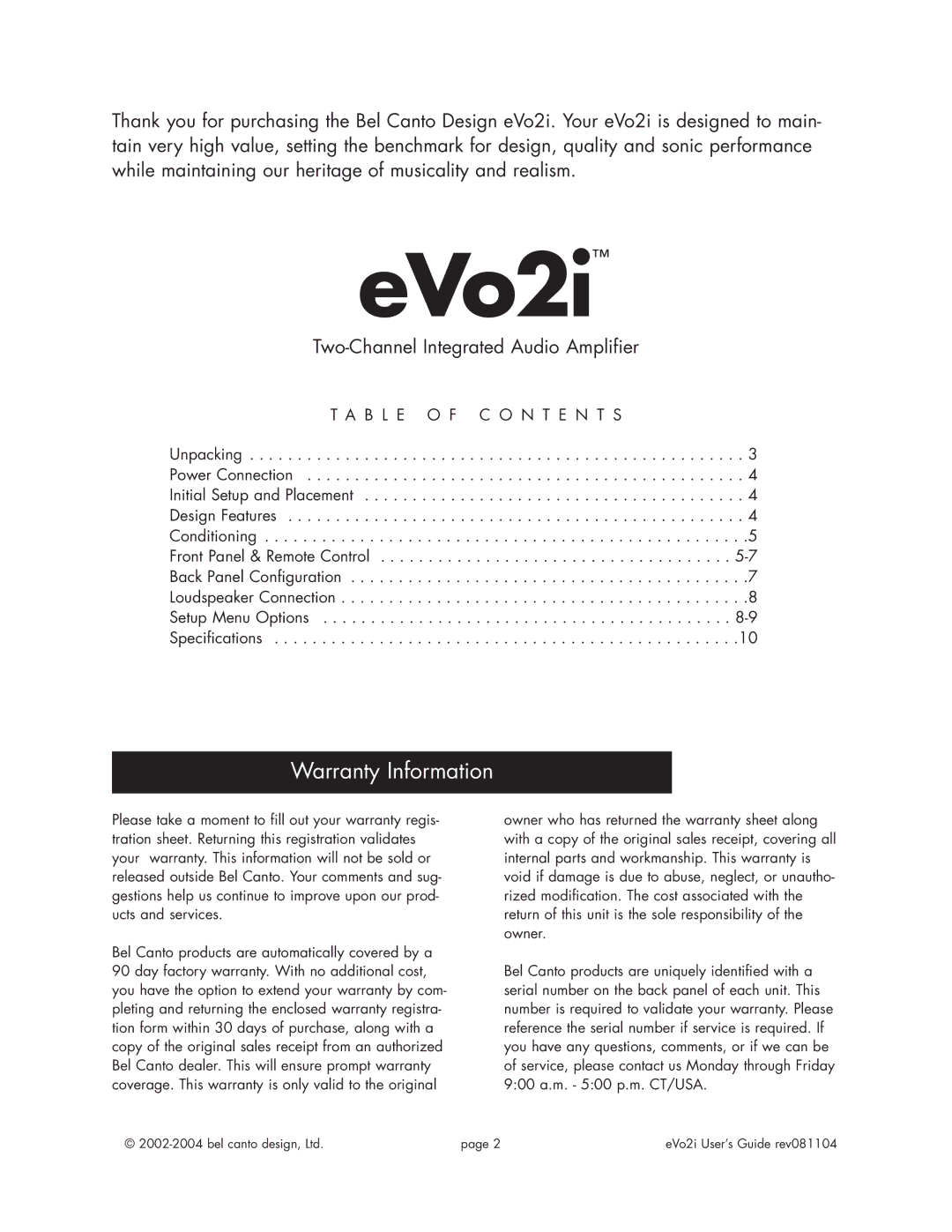 Bel Canto Design eVo2iTM manual Warranty Information, Two-Channel Integrated Audio Amplifier 