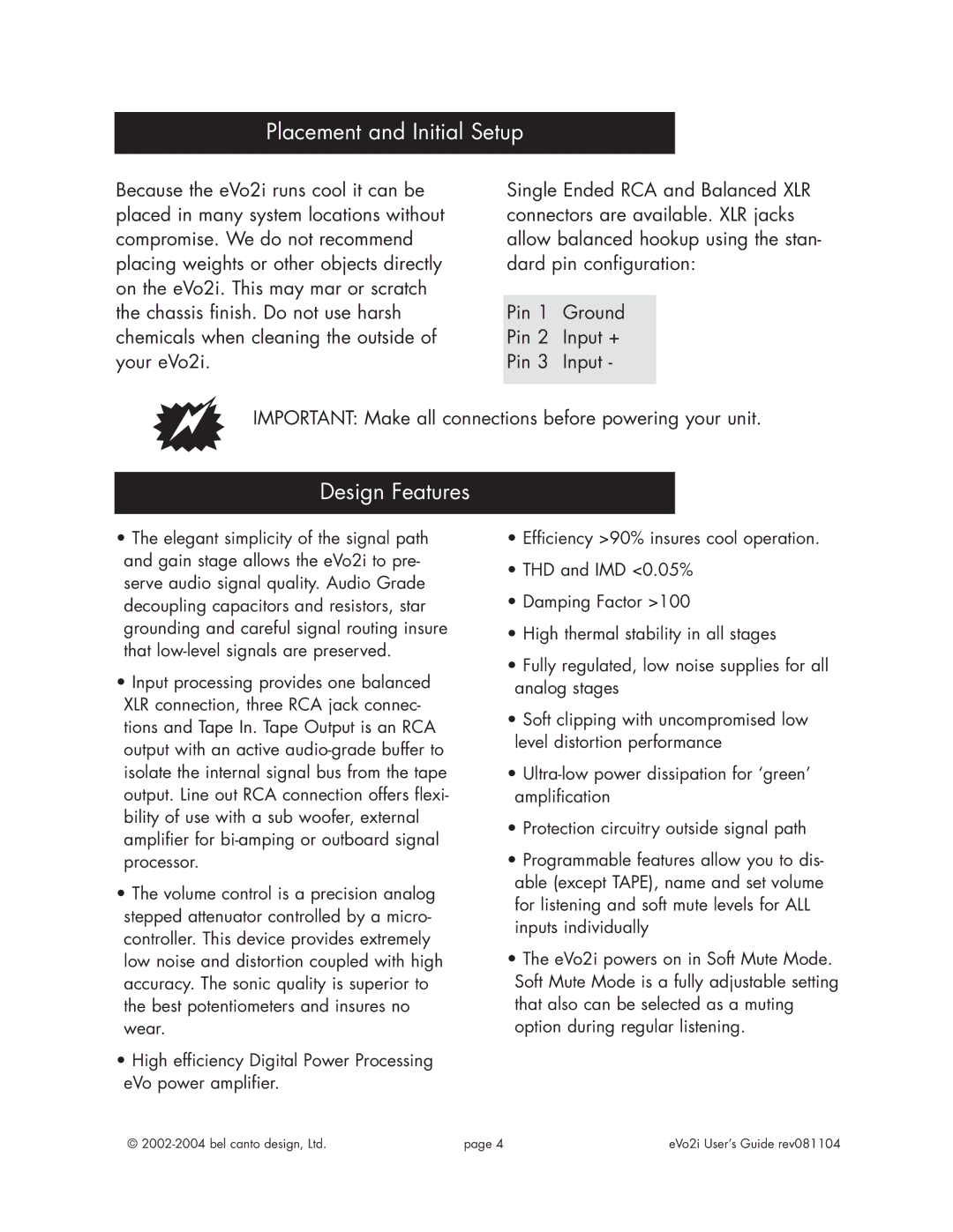 Bel Canto Design eVo2iTM manual Placement and Initial Setup, Design Features 